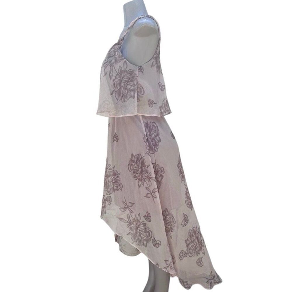 Love21 Popover High Low Dress Women's Medium Pink Taupe Floral Chiffon V-neck - Picture 11 of 14